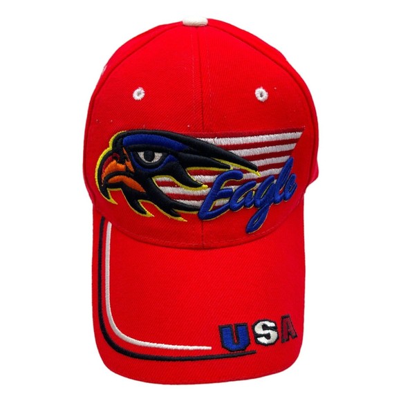 Sara Headwear USA Eagle Embroidered Gold Flames Adjustable Red Hat Cap Adult - Picture 2 of 5